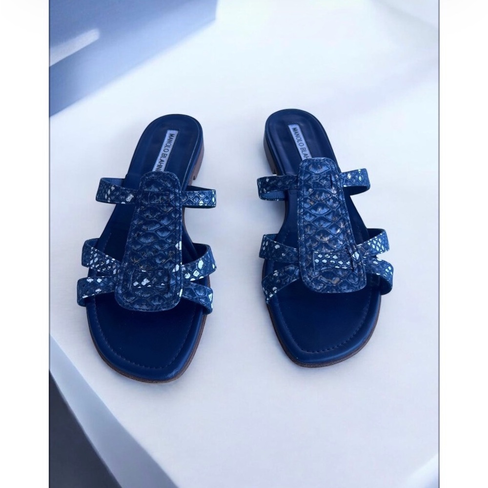 Manolo Blahnik Grella Navy Gold Python Snakeskin … - image 5